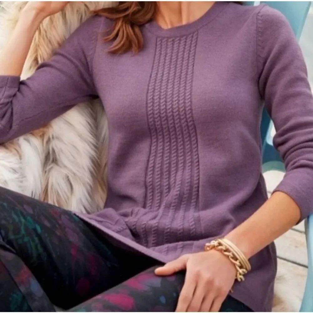 Soft Surroundings Sweater Women's XS Purple Sydney Wool Blend Cable Tunic
